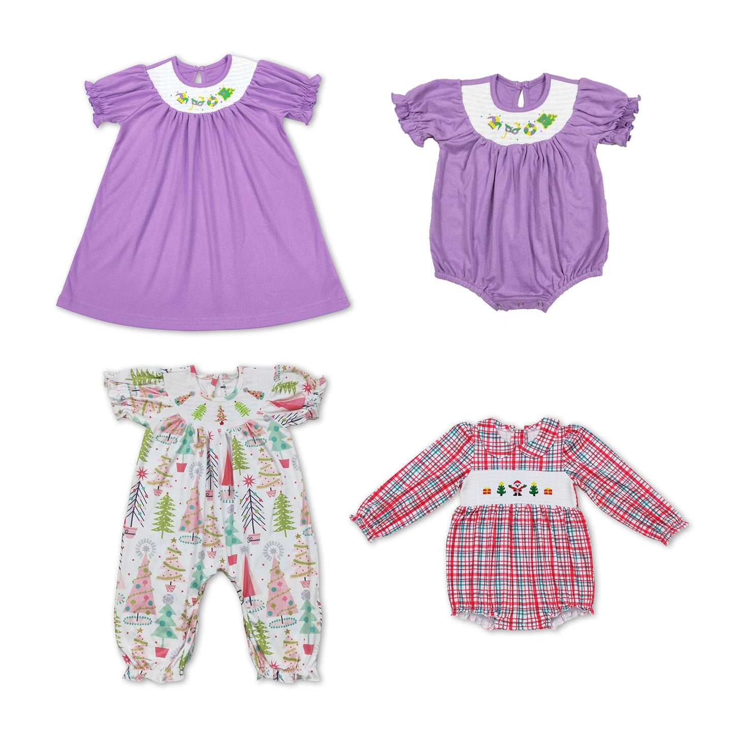 RTS NO MOQ ETA 5-7days GSD0502 Smocked embroidered carnival mask purple and white plaid short-sleeved dress