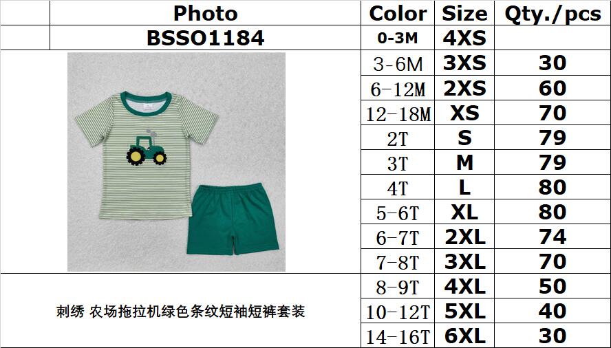 RTS NO MOQ ETA 5/7days Arrived BSSO1184 Embroidered farm tractor green striped short sleeve shorts set