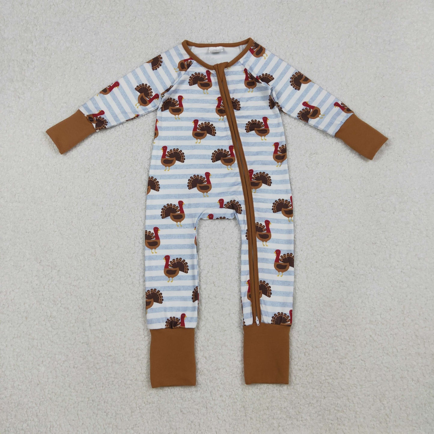 RTS NO MOQ（In Stock) LR1191 Turkey Striped Brown Trim Zippered Long Sleeve Bodysuit