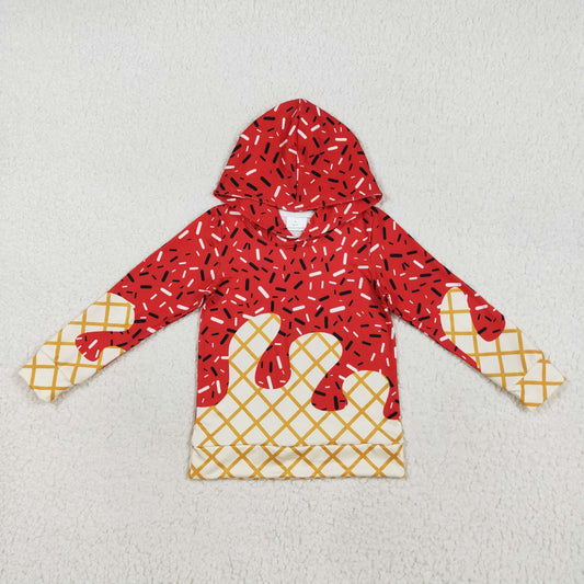 RTS NO MOQ（In Stock) BT1272 Waffle ice cream red hooded long-sleeved top