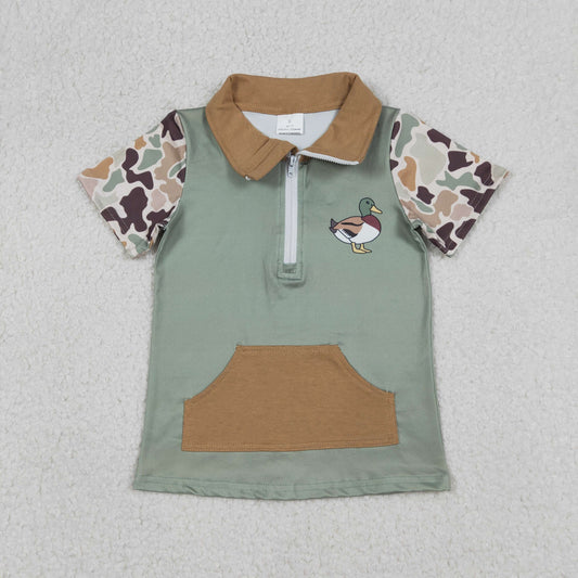 RTS NO MOQ（In Stock) Pocket Duck Camouflage Brown-Green Zip-Up Short-Sleeve Top