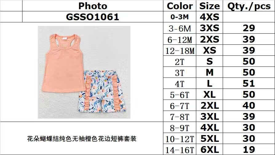 GSSO1061 Flower bow solid color sleeveless orange lace shorts set