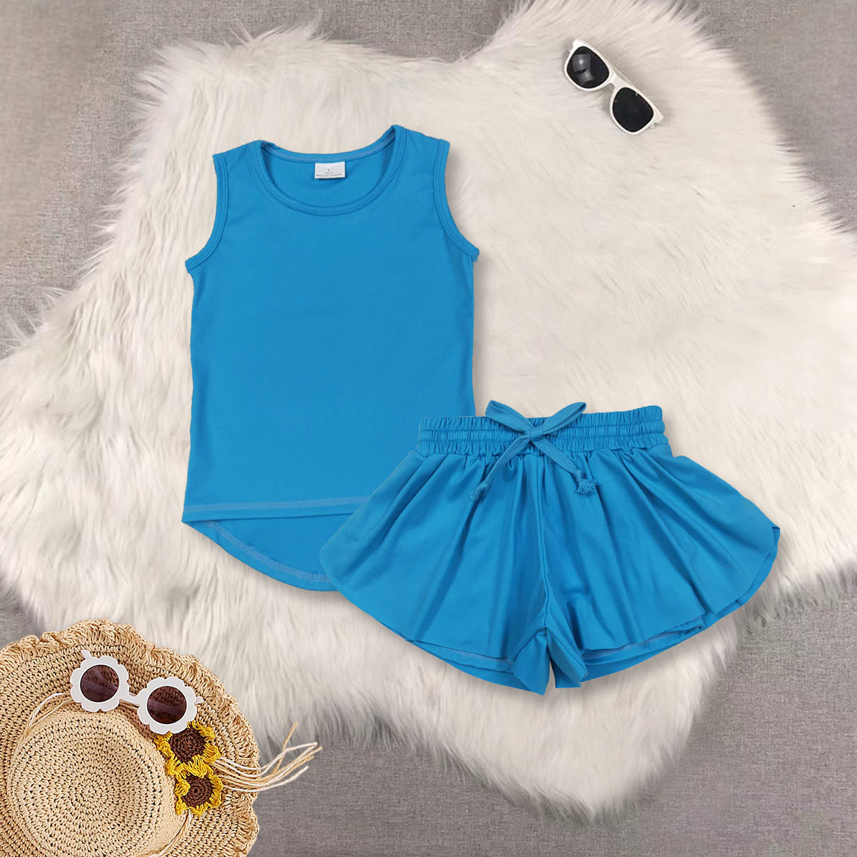 RTS NO MOQ Sibling baby girls clothes yoga Pure blue sleeveless short sets and Top and shorts