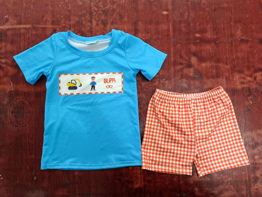 custom moq 5 eta 5weeks summer baby boys clothes blippi blue short sleeve orange grid shorts Set