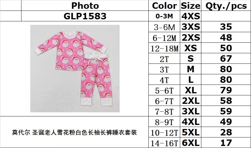 bamboo rts no moq GLP1583 Modal Santa Claus snowflake pink and white long-sleeved trousers pajama set