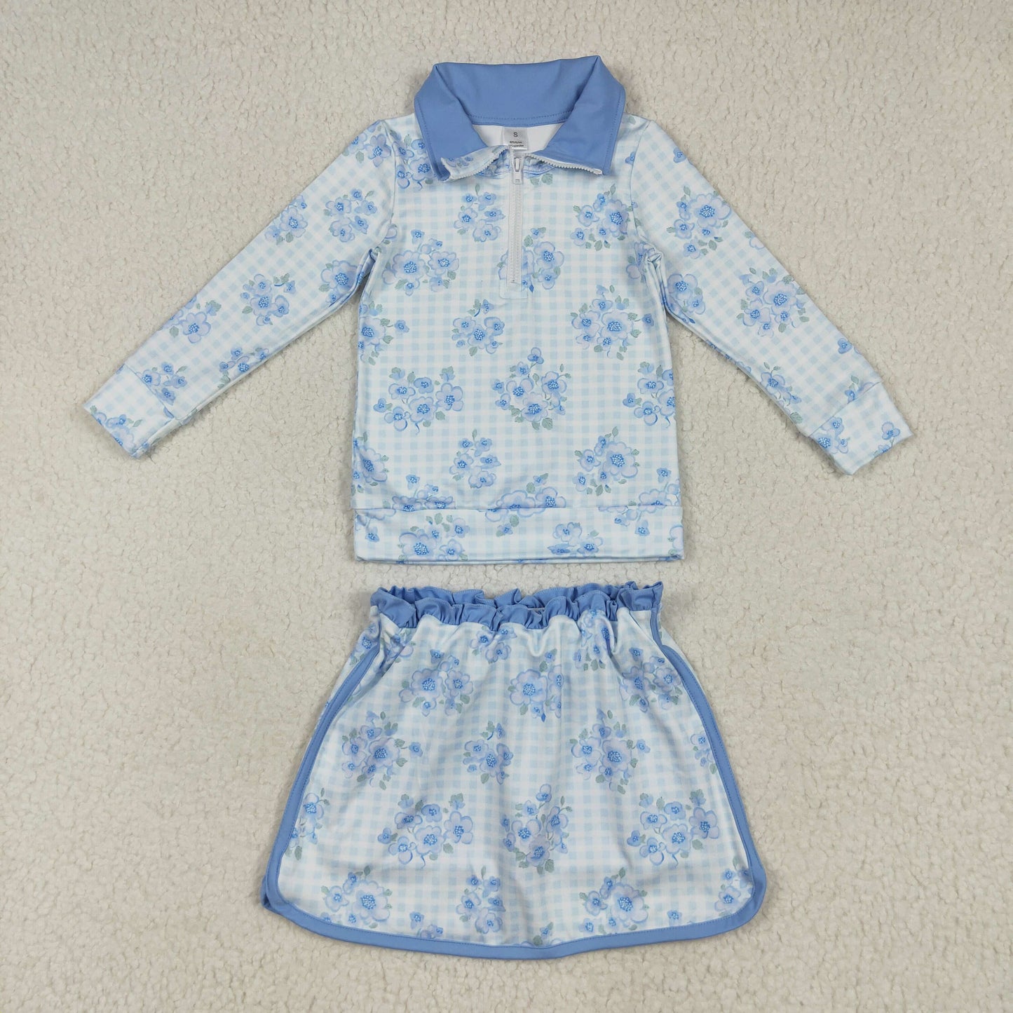 RTS NO MOQ（In Stock ) GLD1097 Flower blue plaid zipper long-sleeved skirt yoga set