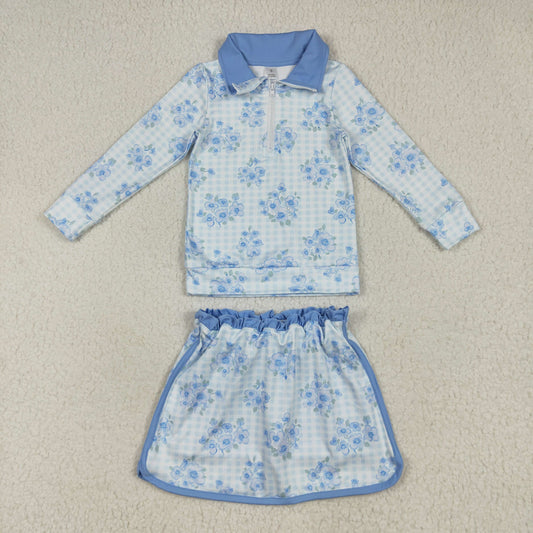 RTS NO MOQ（In Stock ) GLD1097 Flower blue plaid zipper long-sleeved skirt yoga set