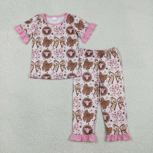 RTS NO MOQ（In Stock) GSPO2244 Pink Lace Short-Sleeve Pajama Set with Bull Head, Star, and Bow Pattern
