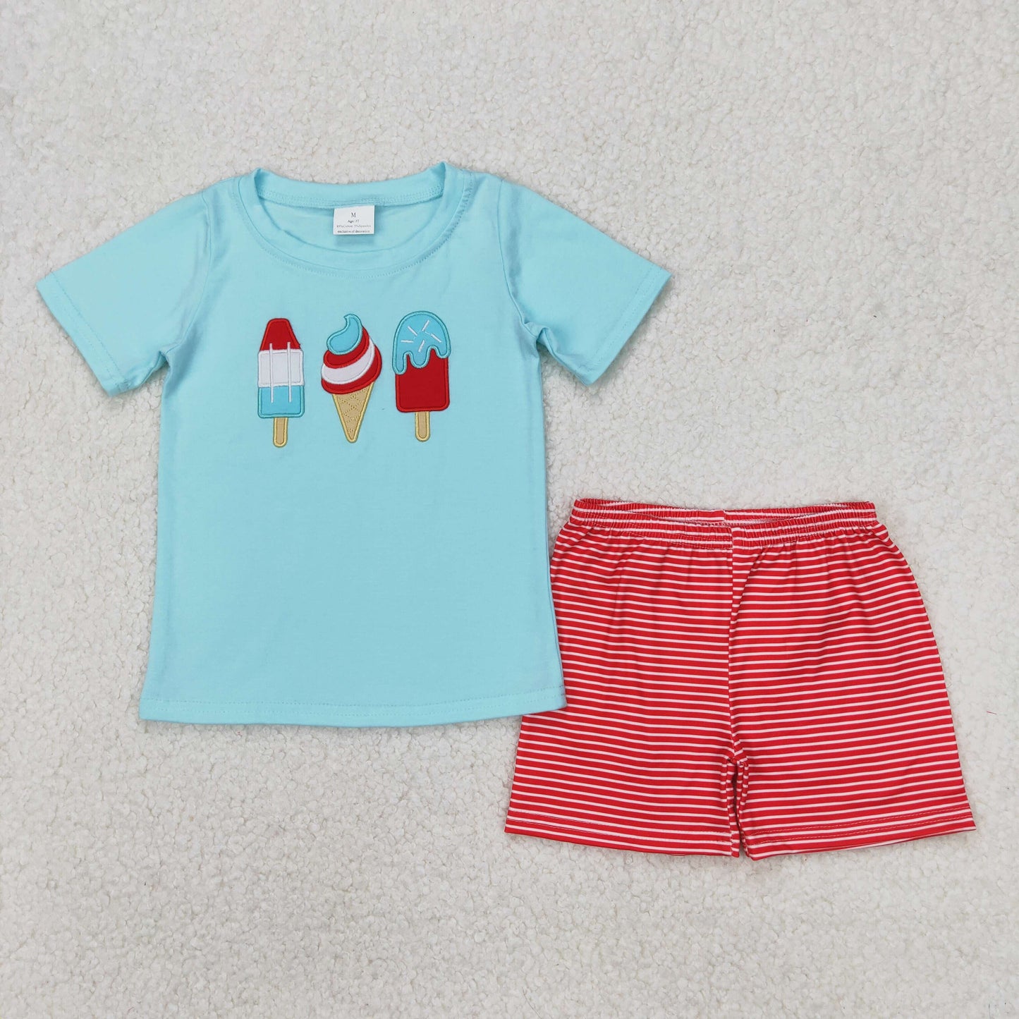 RTS NO MOQ ETA 5/7days Arrived BSSO1269 Embroidered ice cream blue short-sleeved striped red shorts set