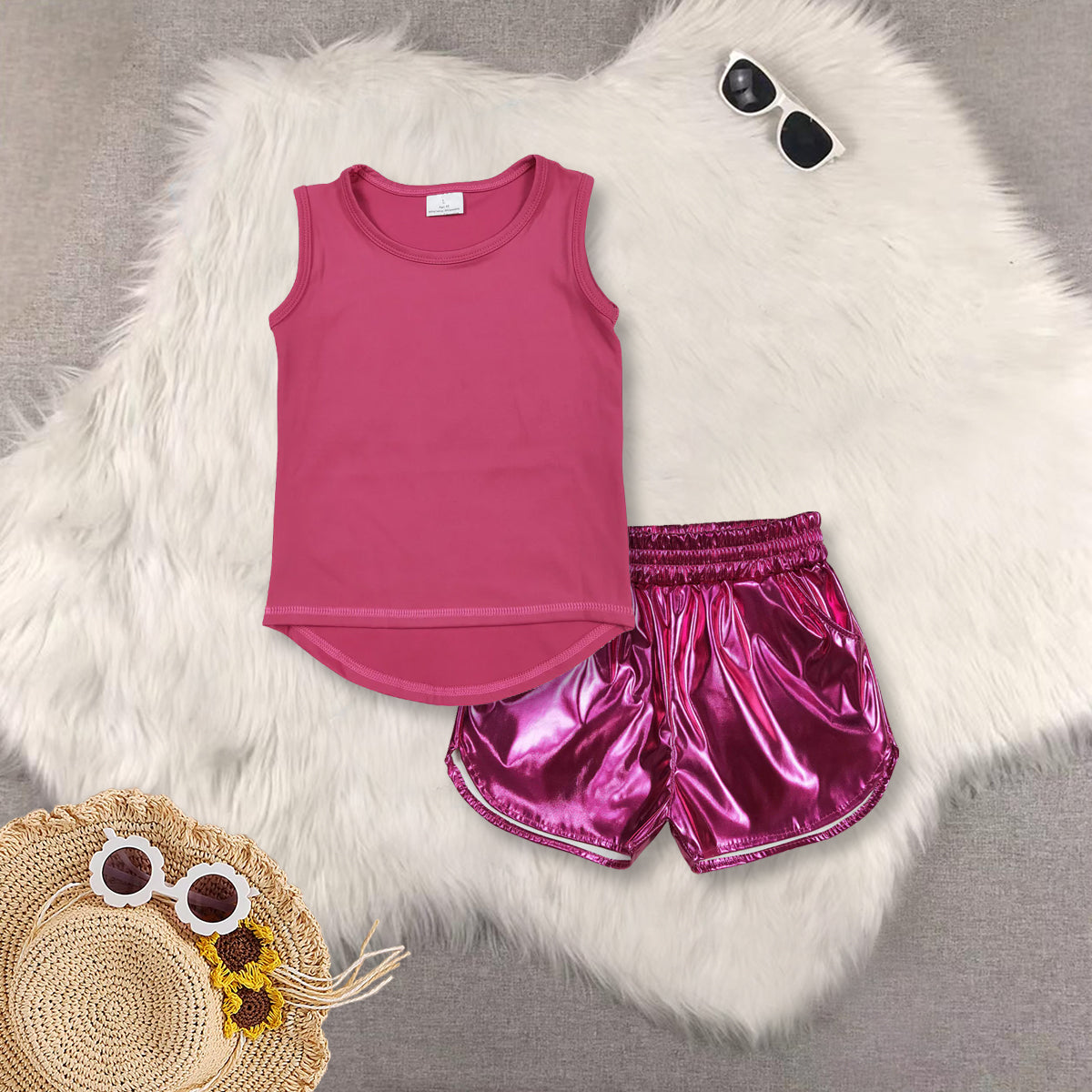 RTS NO MOQ Sibling baby girls clothes yoga Pure rose red sleeveless short sets and yoga Top and shorts