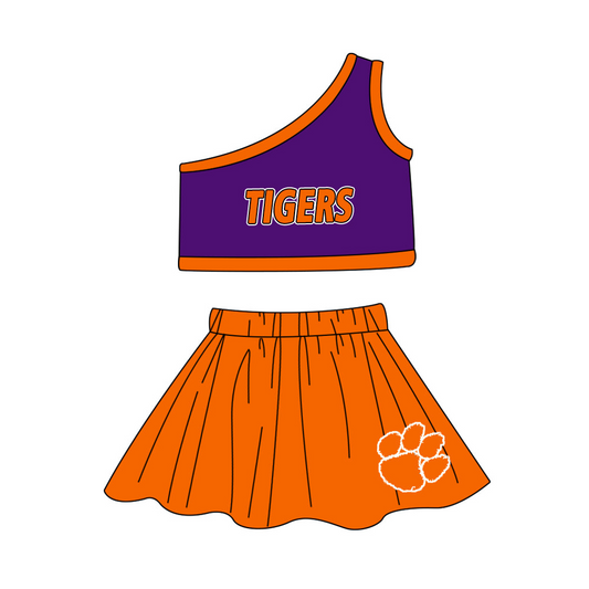 Deadline July 31th close custom no moq  eta 6-7weeks Tiger purple orange short sleeve shorts suit cheer sets  cheerleading outfit（