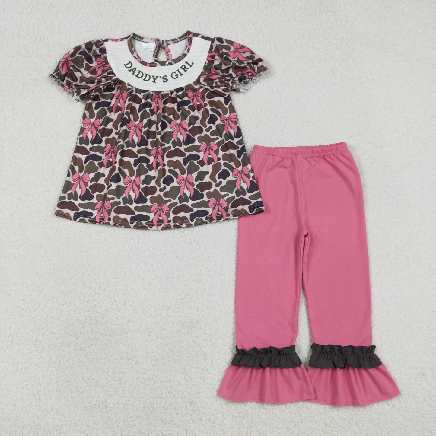 RTS NO MOQ（In Stock) GSPO2025 Embroidered Daddy's Girl Bow Pattern Camouflage Short-Sleeved Top and Trousers Set