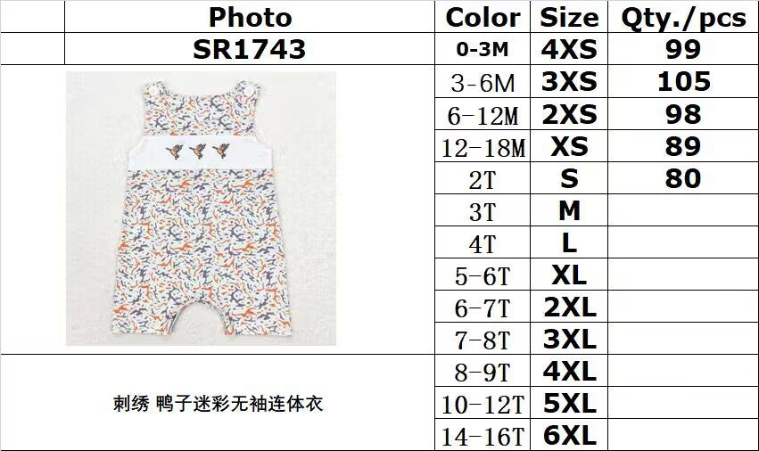 RTS no moq SR1743 Embroidered duck camouflage sleeveless bodysuit