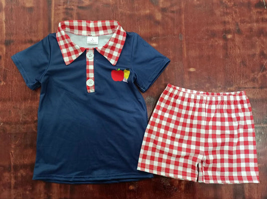 custom moq 5 eta 5weeks mix size Summer girls back to school apple navy blue top red grid shorts suit