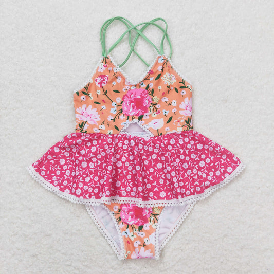 S0249 Floral floral lace pink and orange suspender one-piece swimsuit