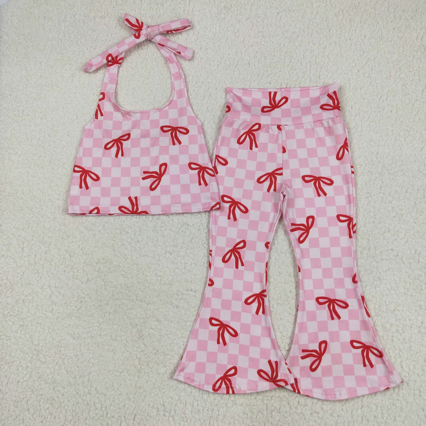 RTS NO MOQ GSPO2030 Red bow pattern pink and white plaid suspender trousers suit