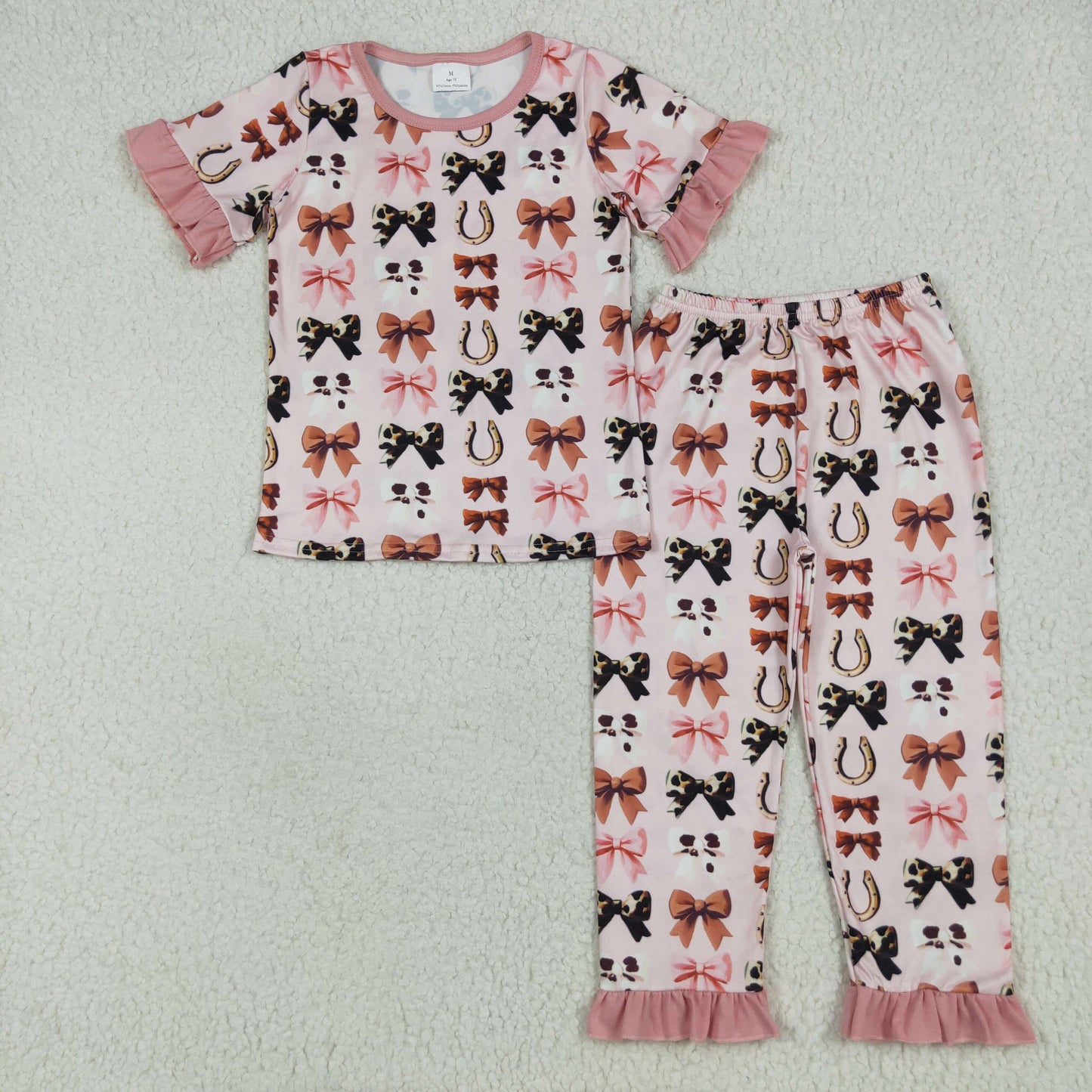 RTS NO MOQ（In Stock) GSPO2035 Bow pattern pink lace short sleeve pants pajama set