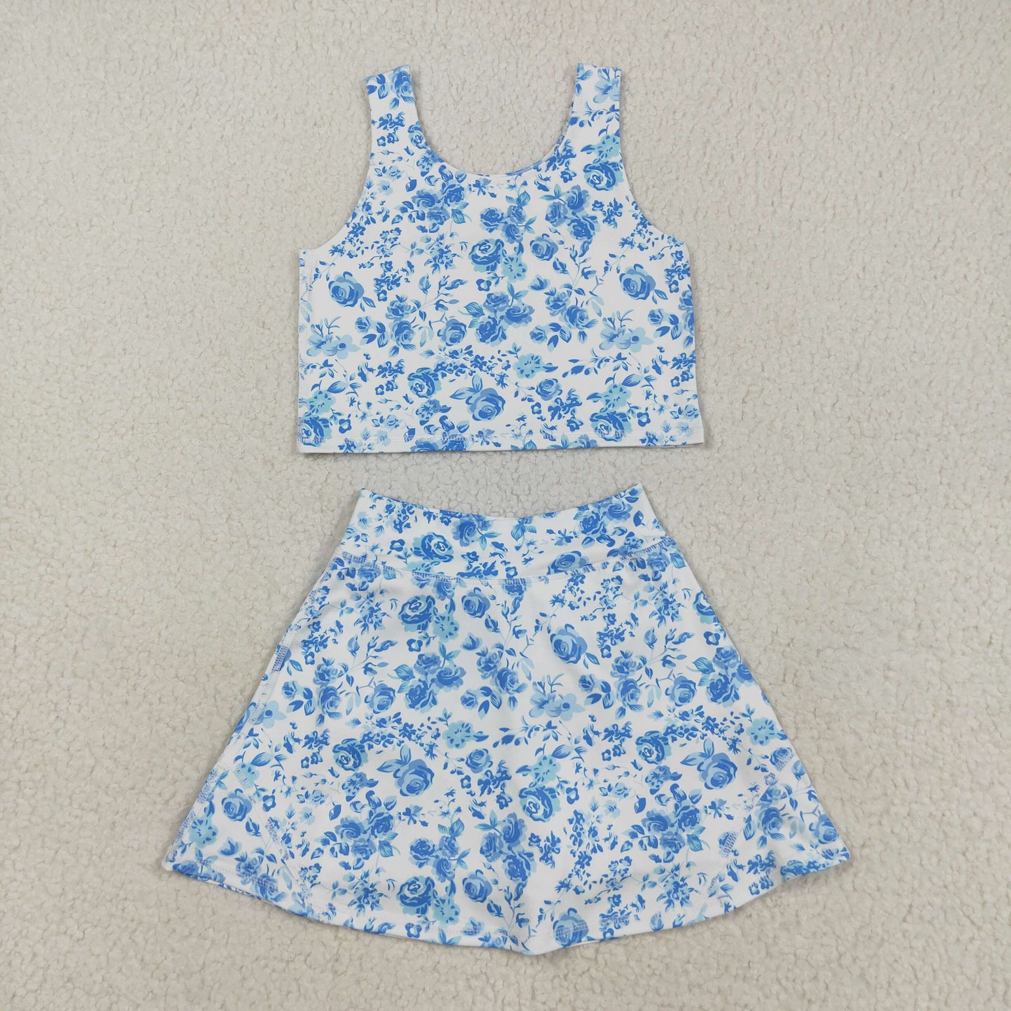 RTS NO MOQ（In Stock) GSD2787 Blue floral white sleeveless culottes yoga set