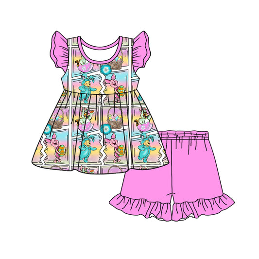 Custom moq 3 eta 7/8week moq 5 eta /4/5week baby girl clothes cartoon flying Sleeve Top Shorts Set