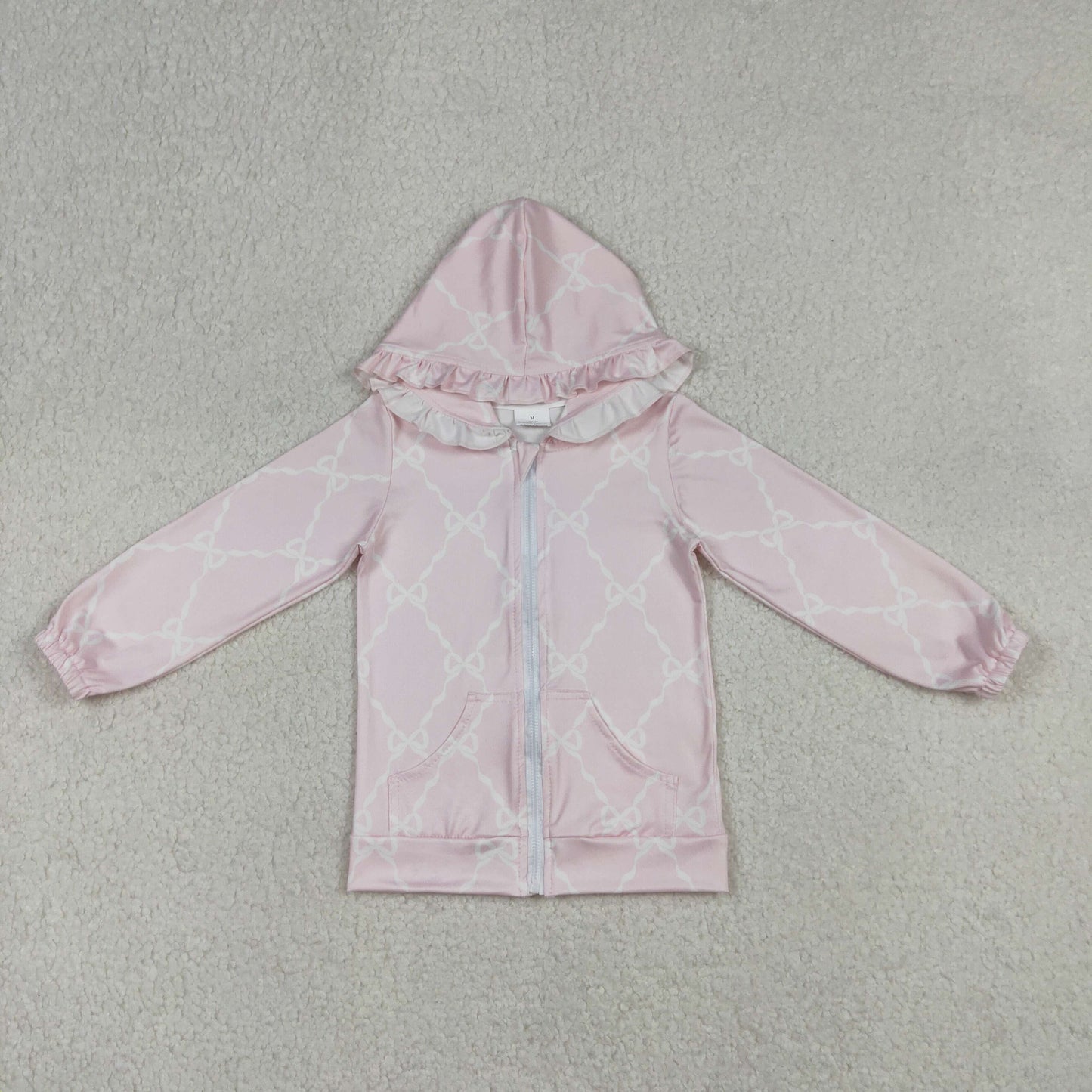 RTS NO MOQ（In Stock) Pink hooded zip-up long-sleeved top with bow pattern pockets