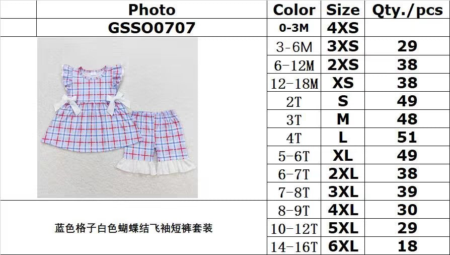 GSSO0707 Blue plaid white bow flying sleeve shorts set