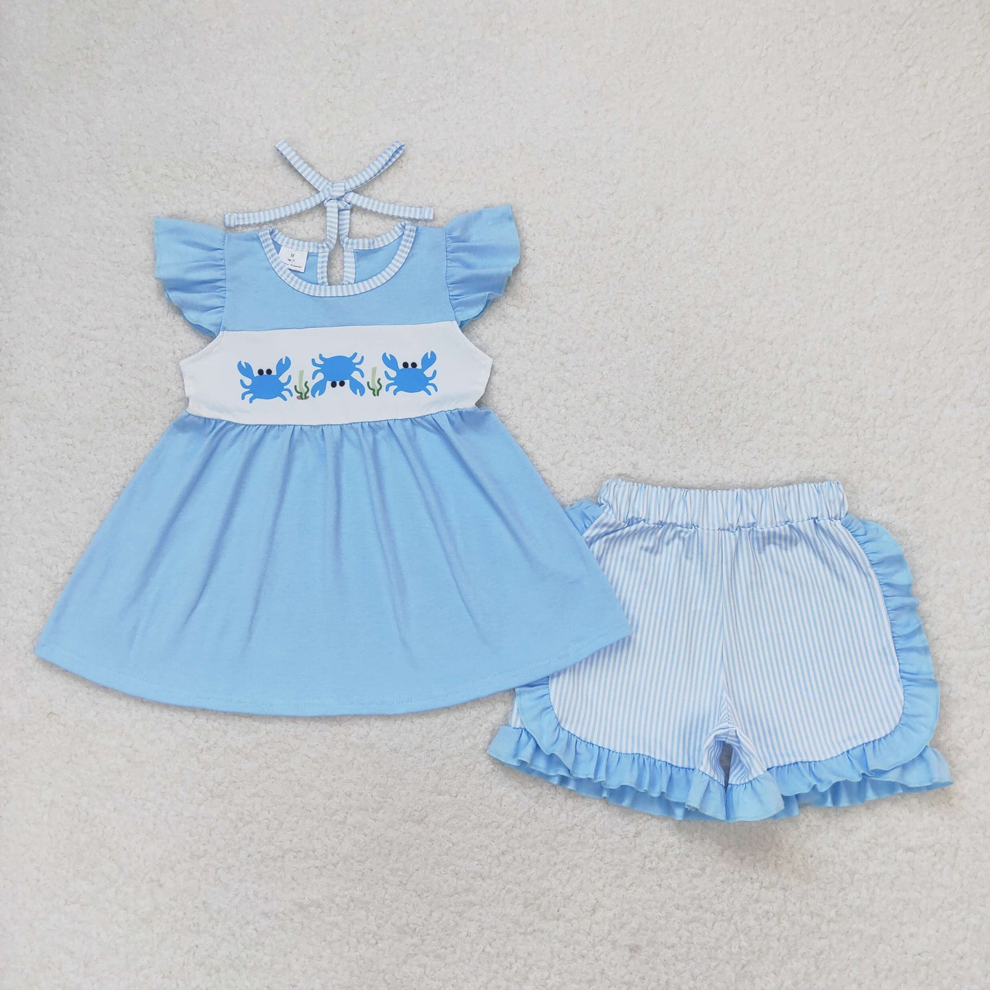 rts no moq GSSO0927 Crab blue flying sleeves striped shorts set