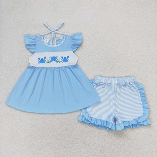 rts no moq GSSO0927 Crab blue flying sleeves striped shorts set