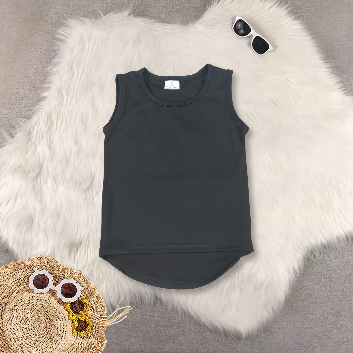 RTS NO MOQ Sibling baby girls clothes yoga Pure black sleeveless short sets and Top and shorts