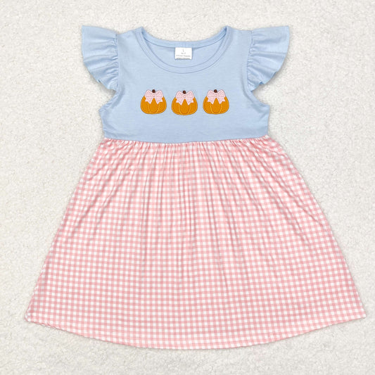 RTS NO MOQ ETA 5/7days  GSD1421 Embroidered pumpkin pattern pink plaid short-sleeved dress