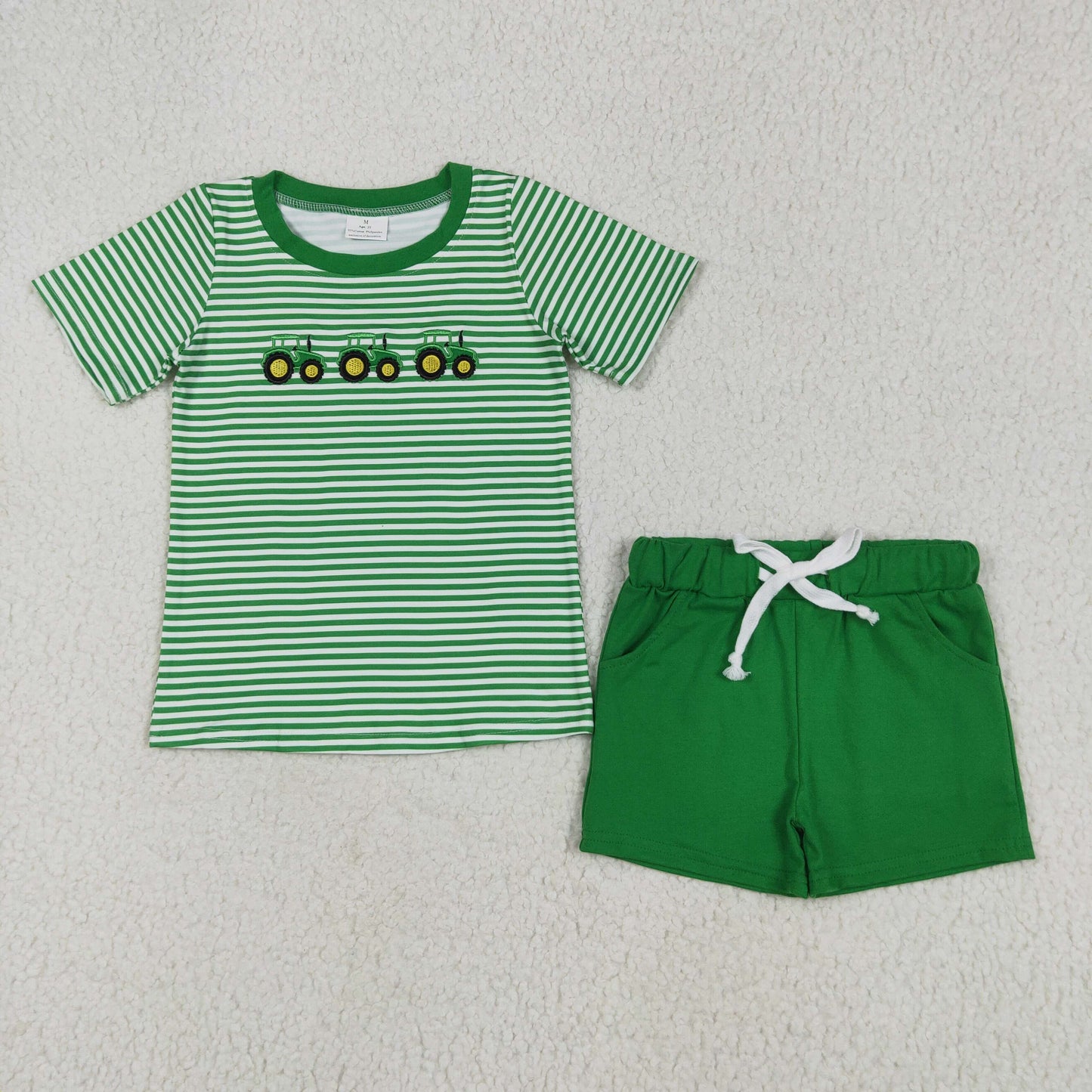 RTS NO MOQ BSSO1374 Embroidered Farm Tractor Stripe Short Sleeves Green Shorts Set