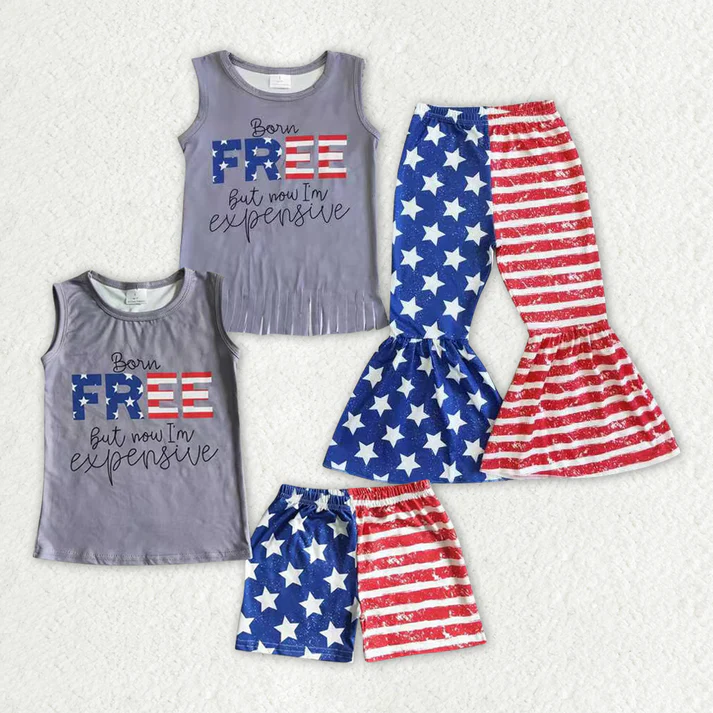 RTS NO MOQ Baby Girl Short Sleeve USA Top Pants shorts Set