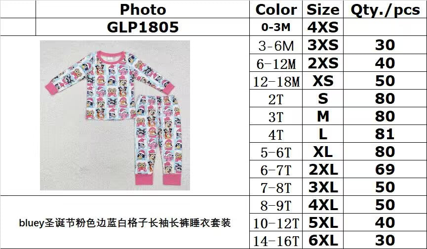 RTS NO MOQ ETA 5/7days Arrived GLP1805 bluey Christmas pink edge blue and white plaid long sleeve trousers pajamas set