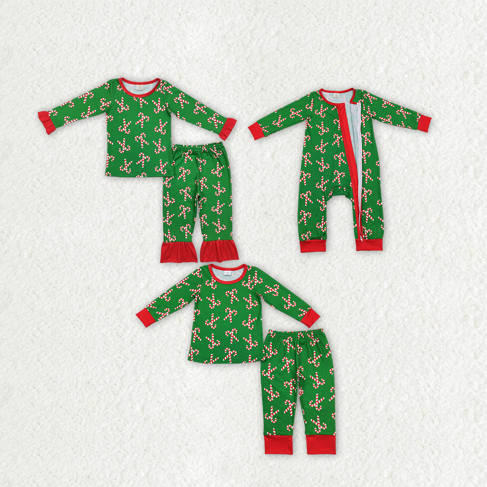 RTS NO MOQ Sibling baby girl boy clothes modal Green long-sleeved suit with red striped cane pattern & romper