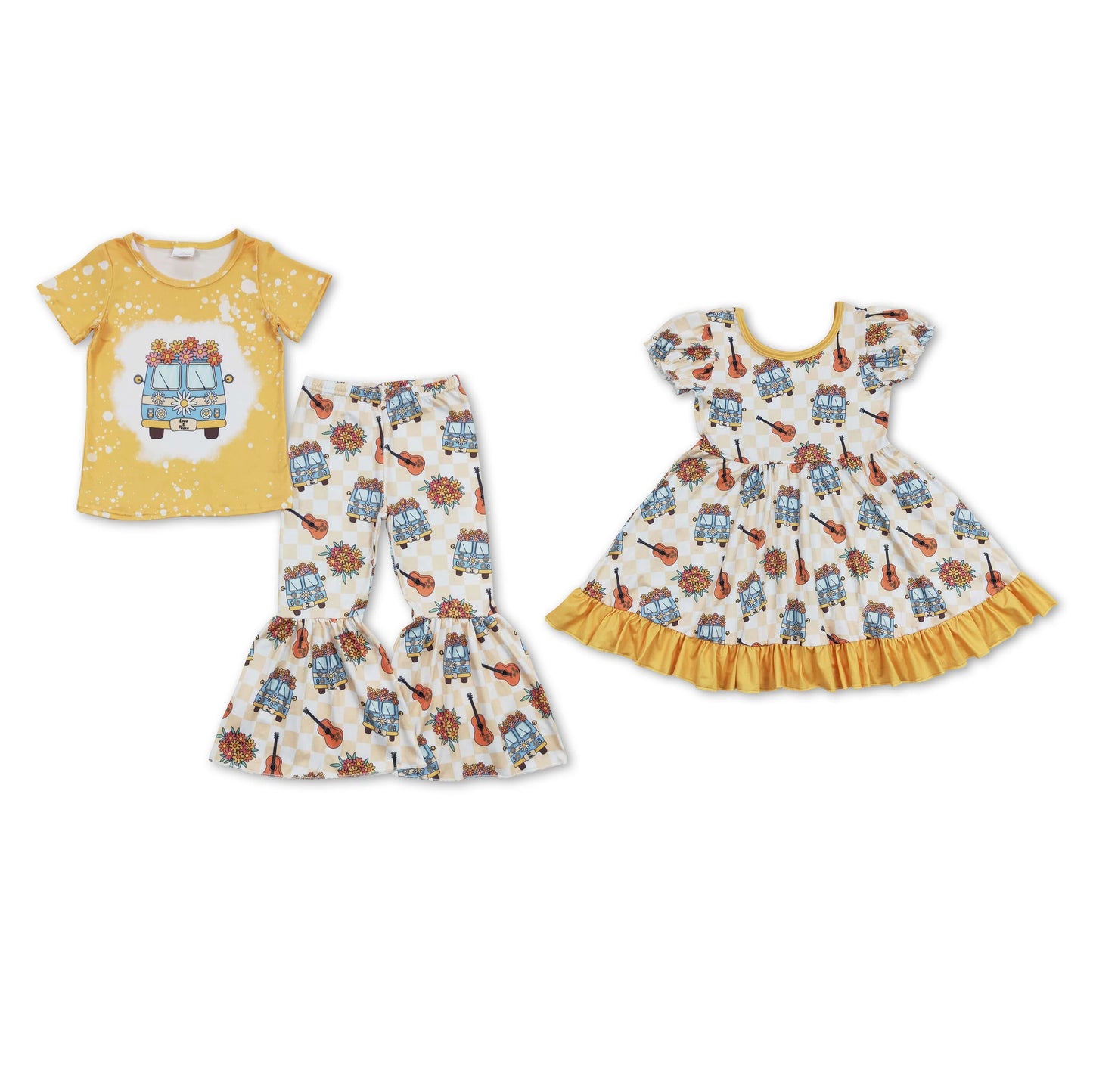 RTS NO MOQ GSD0816 GSPO1369 Yellow Short-Sleeved Flared Pants Set & Short-Sleeved Dress with Flower School Bus Pattern