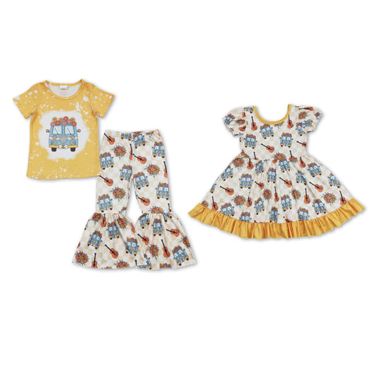 RTS NO MOQ GSD0816 GSPO1369 Yellow Short-Sleeved Flared Pants Set & Short-Sleeved Dress with Flower School Bus Pattern