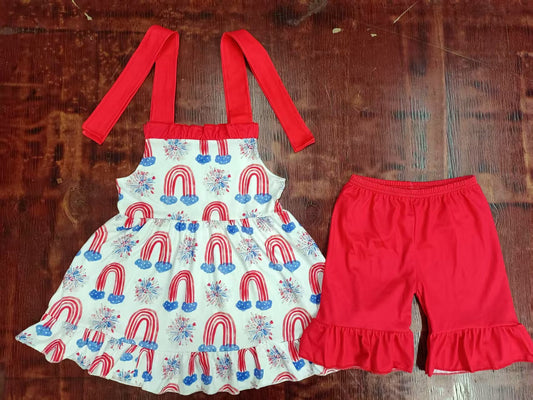 Custom moq 3 eta 6-7weeks baby girls clothes firework suspender shorts sets