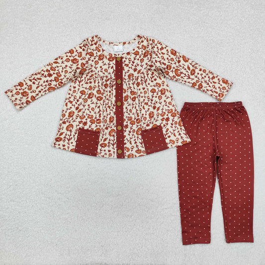 RTS NO MOQ ETA 5/7days Arrived GLP1894 Floral polka dot brown pocket beige long sleeve trousers set