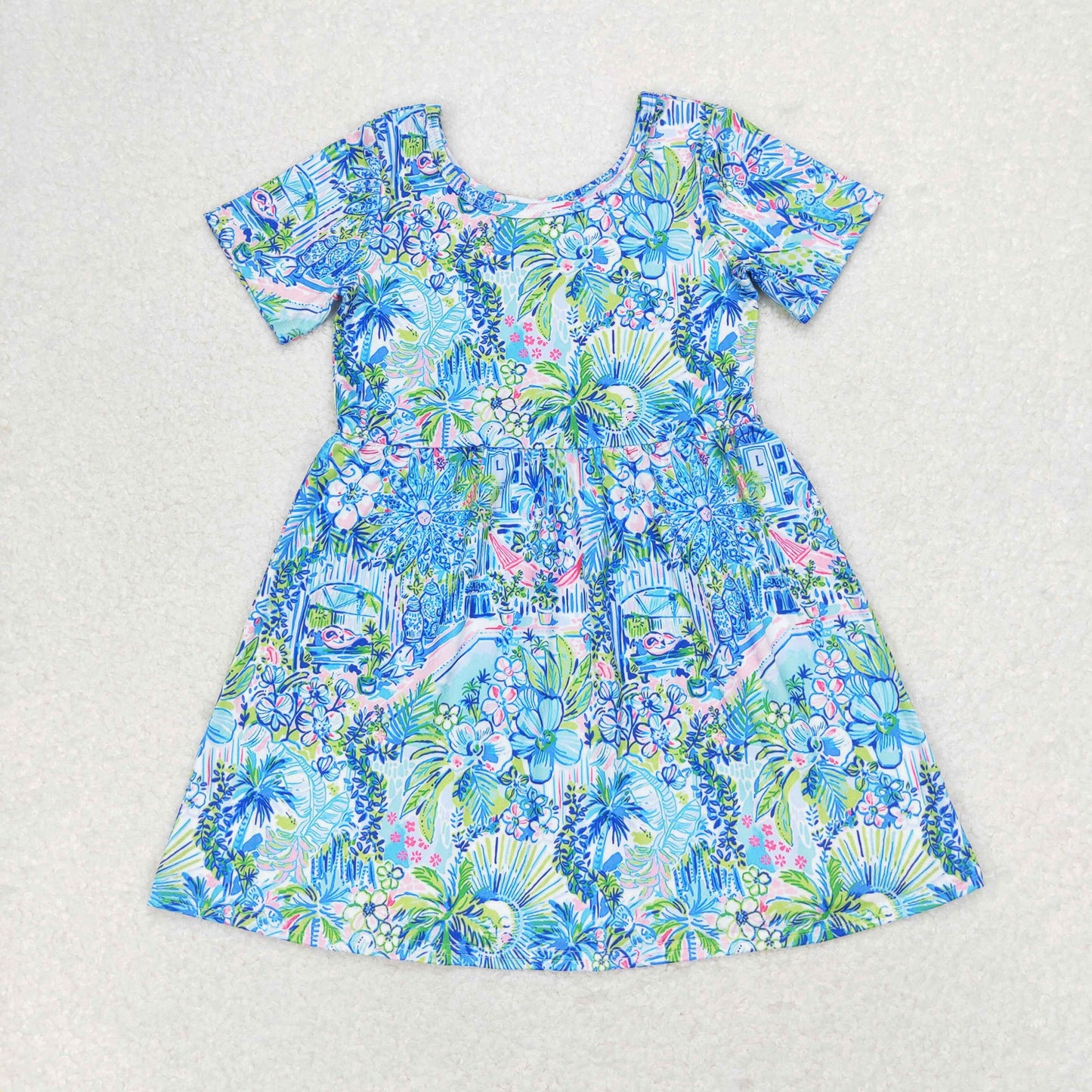 RTS no moq GSD1114 Floral blue short-sleeved dress