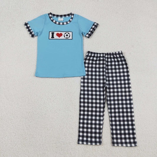 RTS NO MOQ（In Stock) Embroidered "I love football" heart blue short-sleeved black checkered trousers set