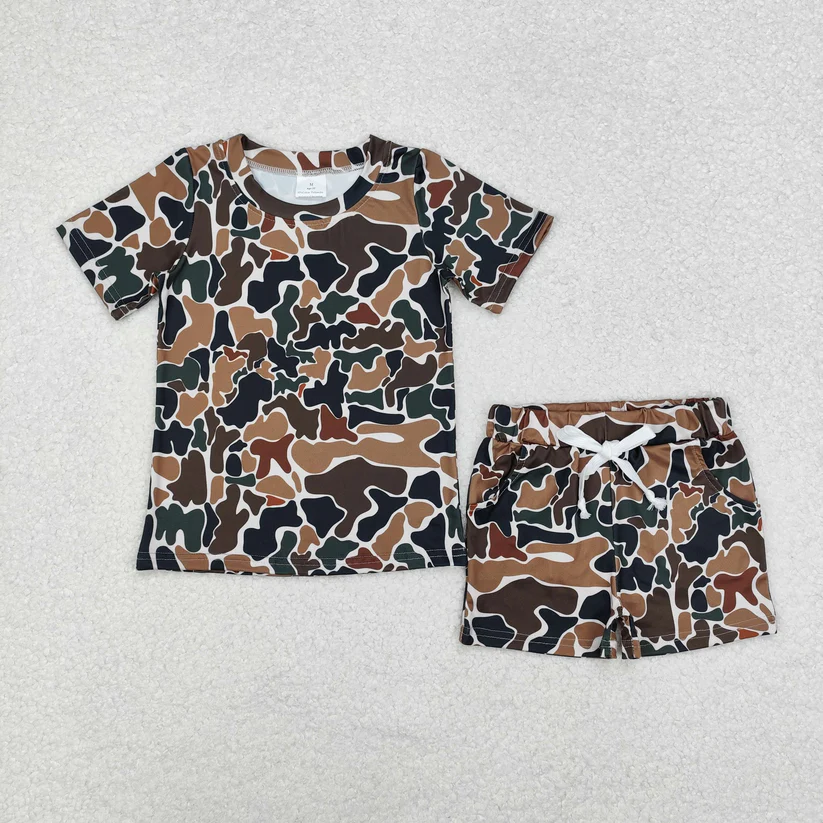 RTS NO MOQ Camouflage Short sleeves pants suit & short-sleeved shorts suit & top and shorts and pants