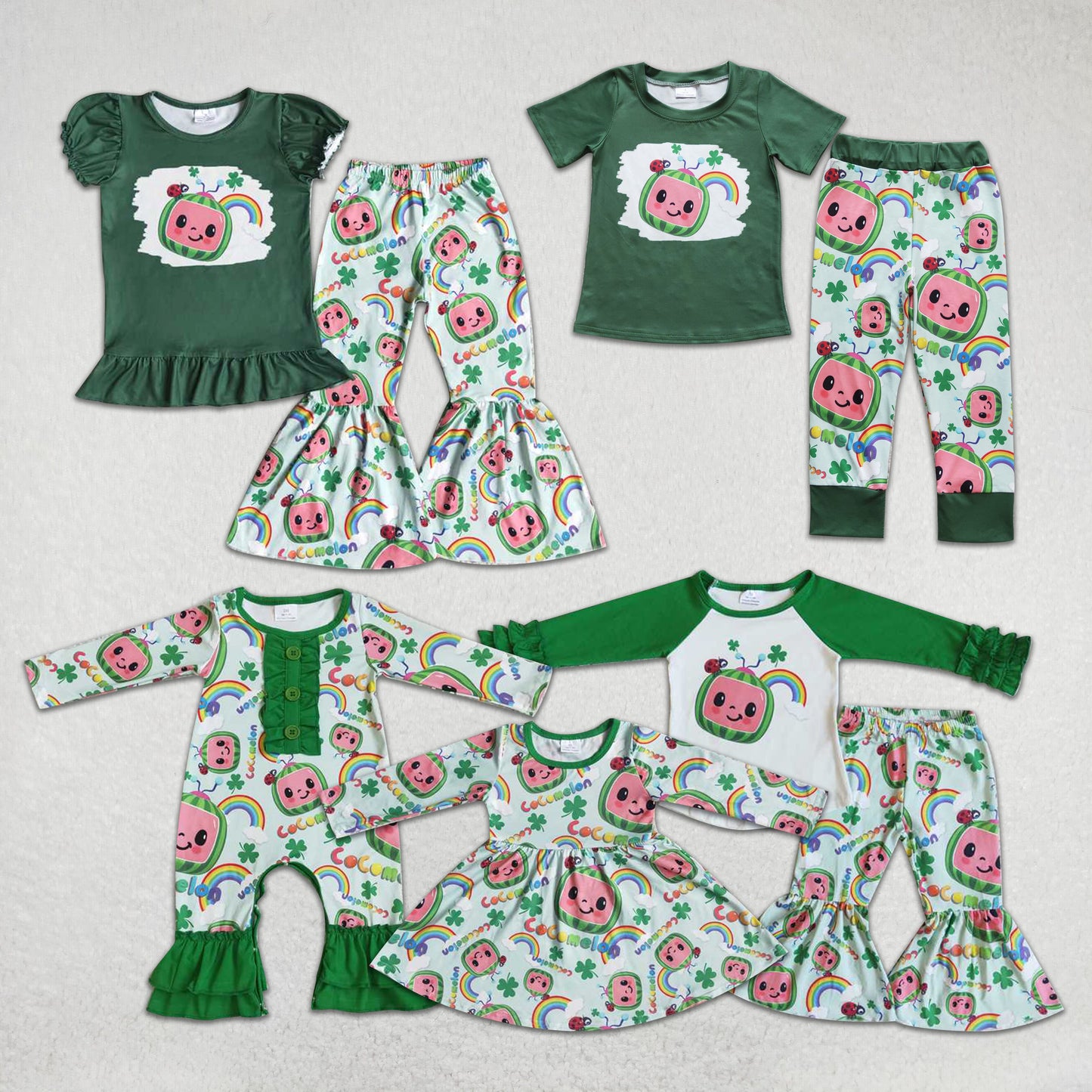 RTS NO MOQ Girls Boys Cocomelon St. Patrick's Four Leaf Clover Clothes Sets and romper