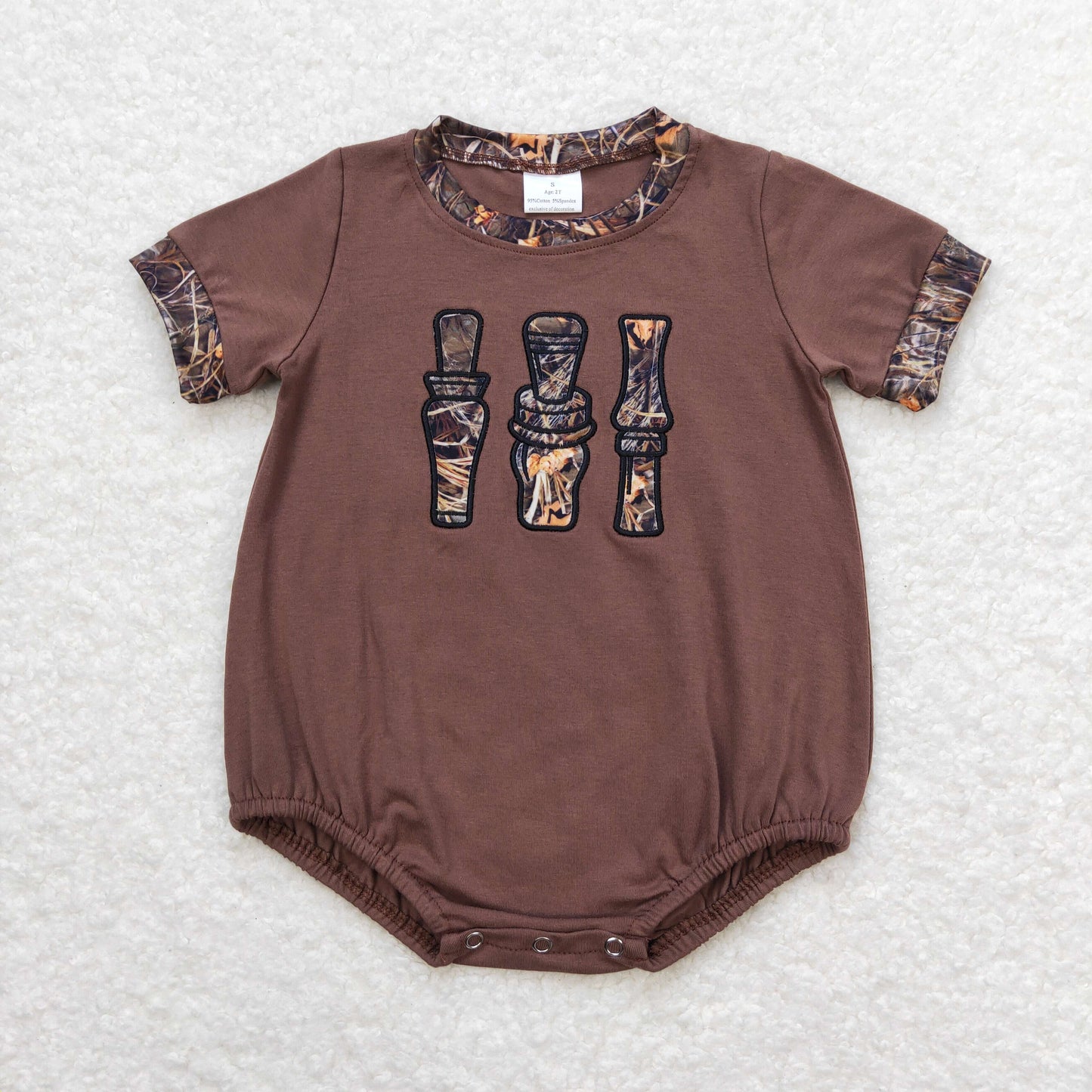 SR1402 Embroidery Leaves Grass Camouflage Bottle Brown Short Sleeve Jumpsuit