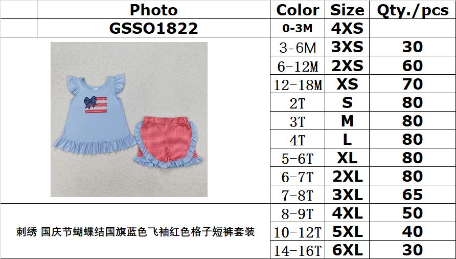 RTS NO MOQ ETA 5/7days Arrived GSSO1822 Embroidery National Day bow national flag blue flying sleeves red plaid shorts suit