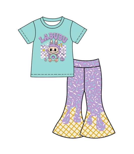 Custom moq 5 mix size milk silk baby girl clothes cartoon teal short sleeve pants sets