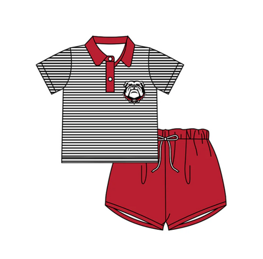 Deadline September 20  custom no moq  eta 6-8weeks  Black and white striped button-down collar short-sleeved shirt-red drawstring shorts set