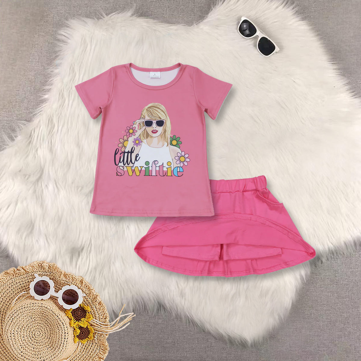 RTS NO MOQ blue short-sleeved top star cotton pink pants skirt sets