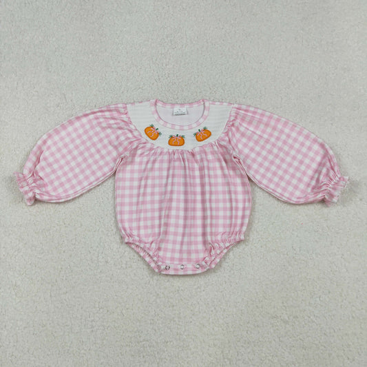 RTS NO MOQ（In Stock) LR2181 Smocked embroidery bow pumpkin pink plaid long sleeve romper