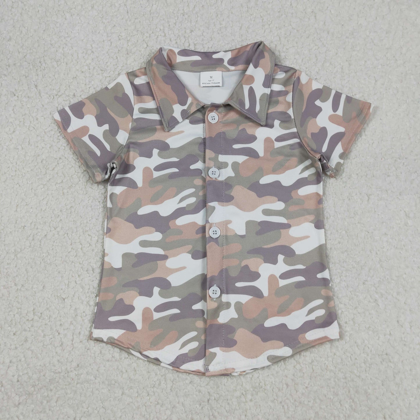 RTS NO MOQ（In Stock) Gray Brown Green Camouflage Button-Up Short-Sleeved Top