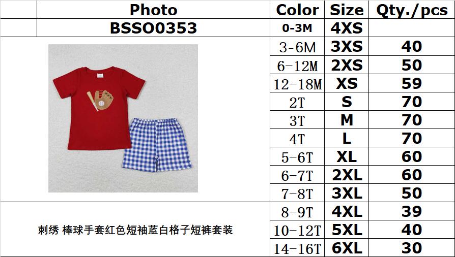 BSSO0353 Embroidered baseball gloves, red short sleeves, blue and white plaid shorts suit