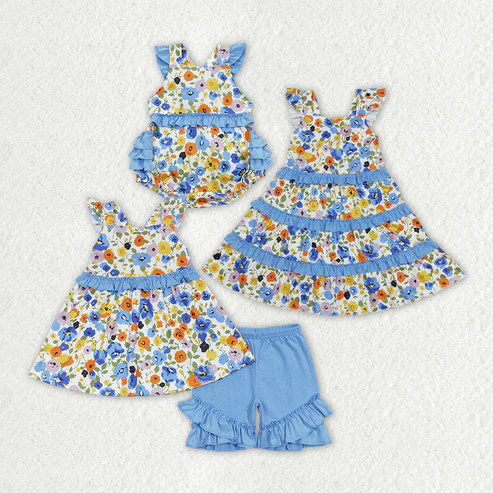 Baby Girls Blue Flowers Tunic Ruffle Sibling Sister Rompers Dresses Clothes Sets